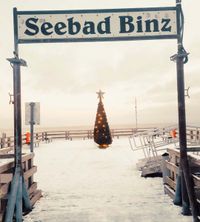 Die Winterbr&uuml;cke zum Seebad Binz mit Schnee bedeckt und einen Tannenbaum in der n&auml;he der Ferienwohnung Villa Gudrun App. 567 an der Strandpromenade